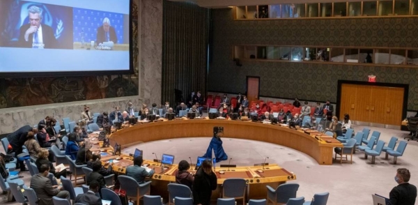 A view of the Security Council Chamber as members meet on the situation in Ukraine.
