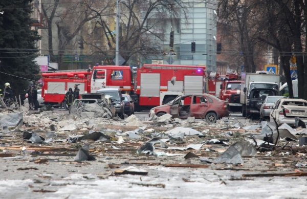 A view shows the damaged regional administration building in Kharkiv.