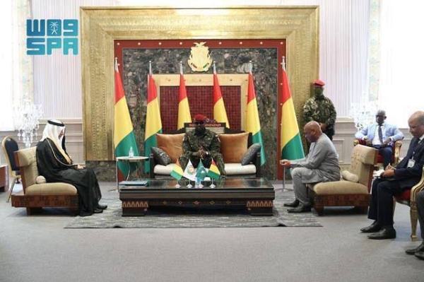 Transitional President of Guinea Colonel Mamady Doumbouya receives Advisor at the Saudi Royal Court Ahmad Qattan at the Presidential Palace in Conakry on Wednesday.