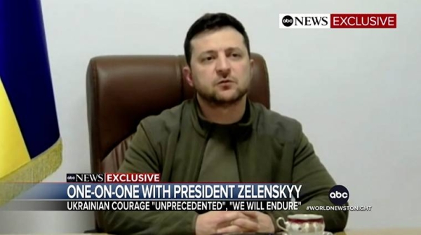 Zelensky during an interview on ABC World News Tonight with David Muir on Monday, 