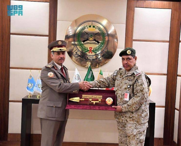 Commander of Royal Saudi Land Forces Lt. Gen. Fahd Al-Mutair receives Commander of the Qatari Land Forces Maj. Gen. Saeed Al Khayarin in Riyadh on Thursday.