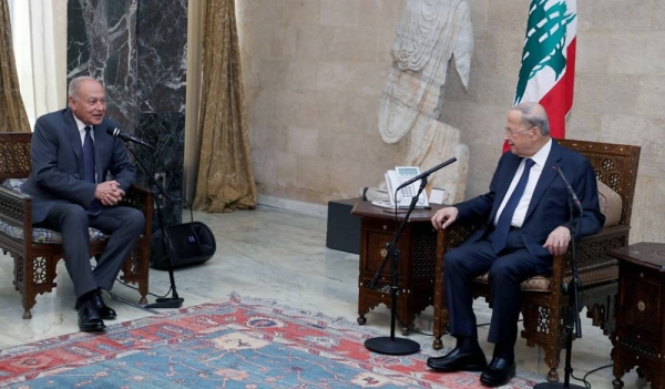 Lebanese President Michael Aoun receives Arab League Secretary General Ahmad Aboul Gheit in Beirut on Monday.