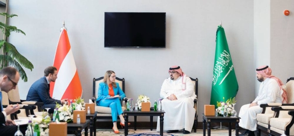 Minister of Economy and Planning Faisal Al-Ibrahim and Austrian Federal Minister for Digital and Economic Affairs Margarete Schramböck meet before the eighth session of Saudi-Austrian Joint Committee meeting on Tuesday.