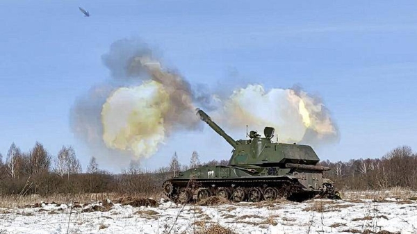 A self-propelled artillery mount fires at the Osipovichi training ground during the Union Courage-2022 Russia-Belarus military drills in Belarus in February 2022.
