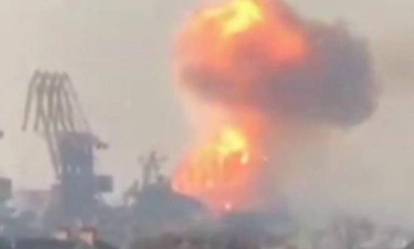 Footage posted by the Ukrainian military shows the Russian ship on fire