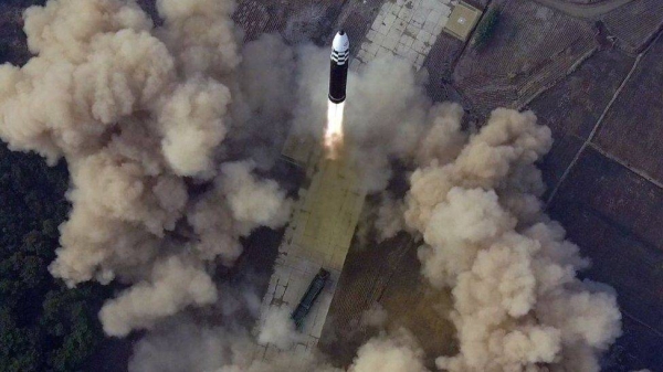 An aerial shot of North Korea's Hwasong-17 missile that was launched on March 24.