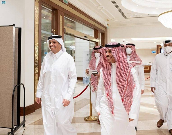 Saudi Arabia’s Foreign Minister Prince Faisal bin Farhan met on Friday with his Qatari counterpart Sheikh Mohammed bin Abdulrahman Al-Thani. (SPA)