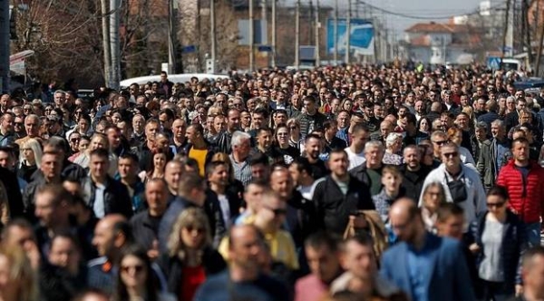 Kosovo Serbs take part in a protest in Gracanica on March 25, 2022 against Kosovo's refusal to allow them to vote in upcoming Serbian elections.