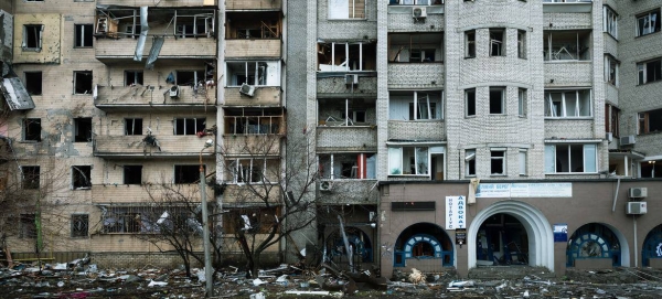 An apartment building that was heavily damaged during escalating conflict in Ukraine.