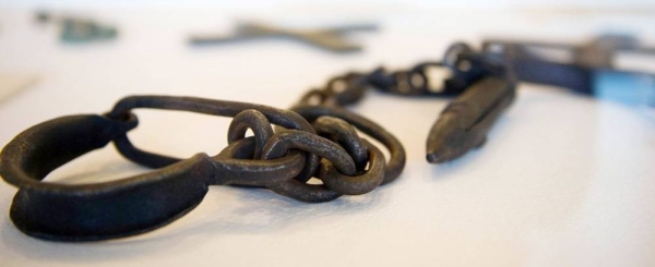 Shackles used to bind slaves on display at the Transatlantic Slave Trade exhibition at UN Headquarters in New York. (file) — courtesy UN Photo/Mark Garten