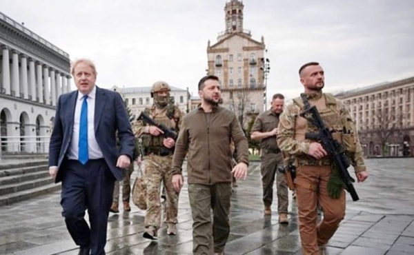 UK Prime Minister Boris Johnson and Ukraine President Volodymyr Zelenskyy tour near-empty streets in Kiev on Saturday.