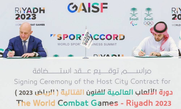 The Saudi Arabian Olympic & Paralympic Committee (SOPC) President Prince Abdulaziz Bin Turki Al Faisal held a signing ceremony to host the 2023 World Combat Games (WCG) with the President of the Global Association of International Sports Federations (GAISF) and SportAccord Ivo Ferriani Sunday.