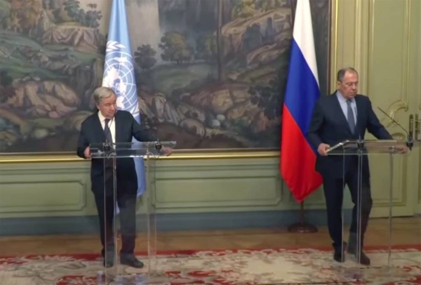 Russian Foreign Minister Sergei Lavrov and UN Secretary-General Antonio Guterres in Moscow on Tuesday.