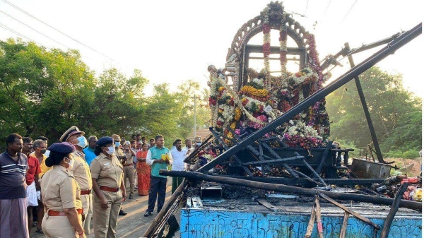 The temple chariot came in contact with a high-voltage live wire during the procession.