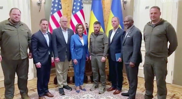 US Speaker of the House Nancy Pelosi with Ukrainian President Volodymyr Zelenskyy in Kiev.