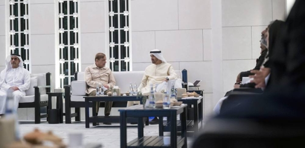 Sheikh Mohamed Bin Zayed Al Nahyan, crown prince of Abu Dhabi and deputy supreme commander of the UAE Armed Forces (R), meets with HE Shahbaz Sharif, Prime Minister of Pakistan (L), at Al Shati Palace.