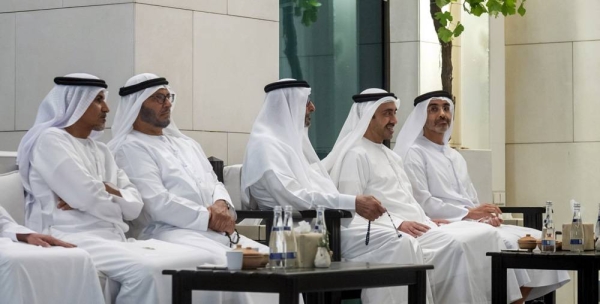 Sheikh Mohamed Bin Zayed Al Nahyan, crown prince of Abu Dhabi and deputy supreme commander of the UAE Armed Forces (R), meets with HE Shahbaz Sharif, Prime Minister of Pakistan (L), at Al Shati Palace.