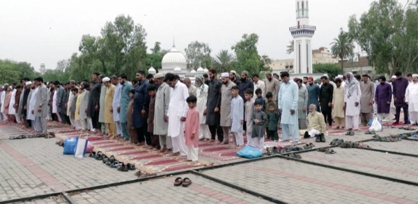 Muslims offer prayers at the Jama Masjid on the occasion of Eid Al-Fitr, in old Delhi, on Tuesday. 