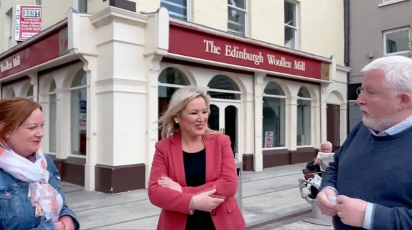 Michelle O'Neill, Sinn Fein's leader in Northern Ireland, being mobbed by part workers after the projected victory.