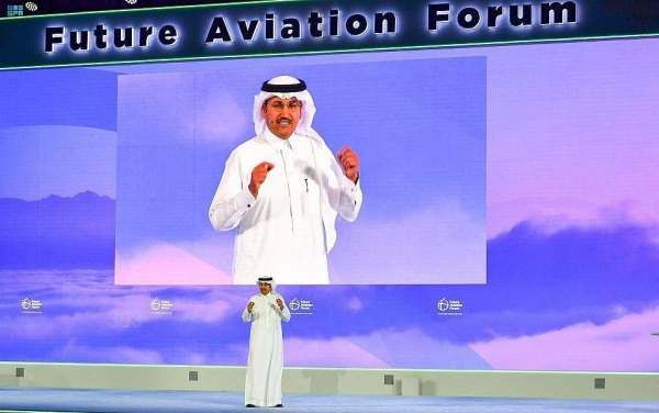 Minister of Transport and Logistics Services Eng. Saleh bin Nasser Al-Jasser speaks at the Future Aviation Forum in Riyadh