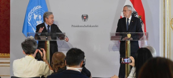 UN Secretary-General António Guterres (left) and the President of Austria, Alexander Van der Bellen, hold a joint press conference in Vienna, Austria.
