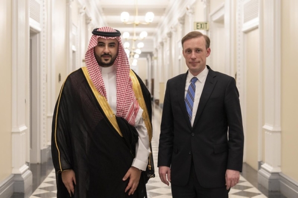 Deputy Minister of Defense Prince Khalid bin Salman meets with White House National Security Advisor Jake Sullivan on Wednesday during his official visit to Washington.