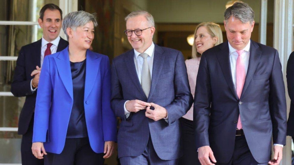 Anthony Albanese (center) was sworn in alongside key cabinet members (from left) Jim Chalmers, Penny Wong, Katy Gallagher and Richard Marles.