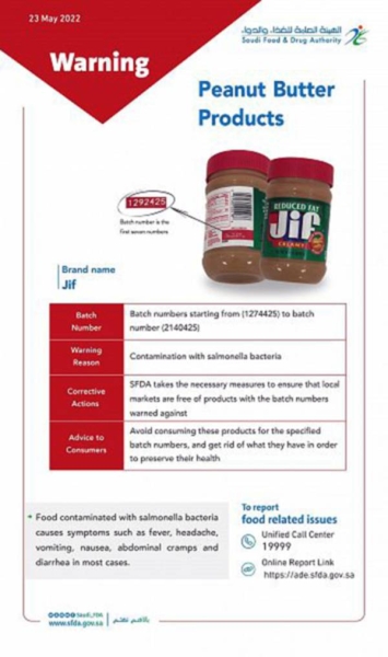 SFDA warns against Jif peanut butter products