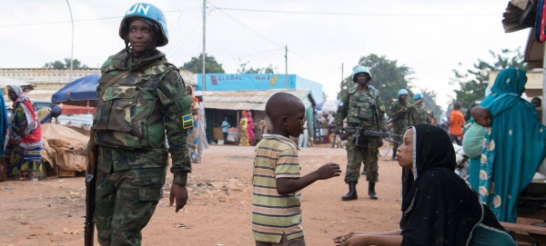 Peacekeepers serving with MINUSCA, the UN mission in the Central African Republic, patrol in the capital Bangui.