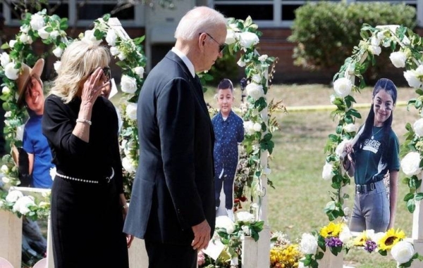 President Joe Biden and First Lady Jill Biden paid their respects at the Robb Elementary School memorial.