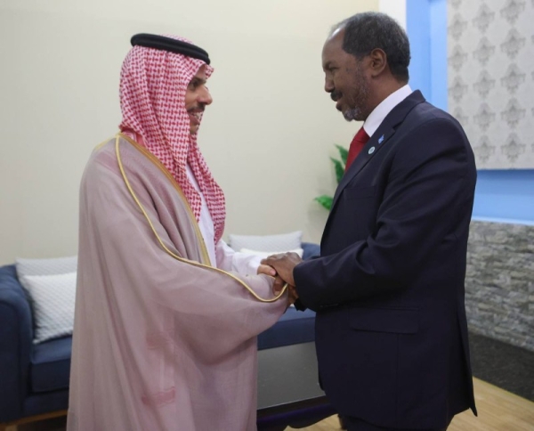 Saudi Arabia’s Foreign Minister Prince Faisal Bin Farhan meets President Hassan Sheikh Mohamud of Somalia in Mogadishu on Thursday.