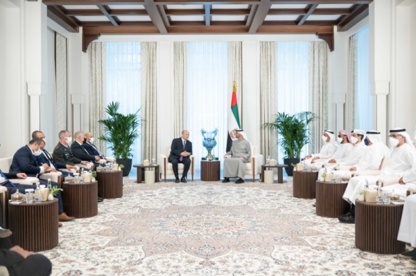 Sheikh Mohamed bin Zayed Al Nahyan, President of the United Arab Emirates (6th R) meets with Naftali Bennett, Prime Minister of Israel (7th R), at Al Shati Palace.