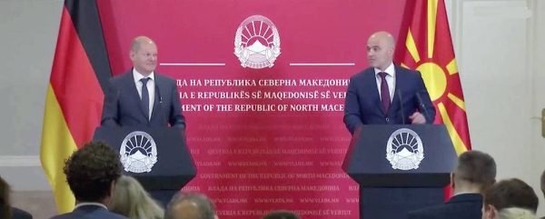 German Chancellor Olaf Scholz, with North Macedonia's Prime Minister Dimitar Kovachevski, in Skopje, North Macedonia, on Saturday.