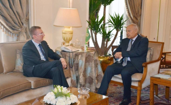 Arab League’s Secretary General Ahmad Aboul-Gheit meets with Latvian Foreign Minister Edgars Rinkevics.
