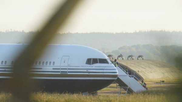 A Boeing 767 aircraft at MoD Boscombe Down, near Salisbury, which is believed to be the plane set to take asylum seekers from the UK to Rwanda.