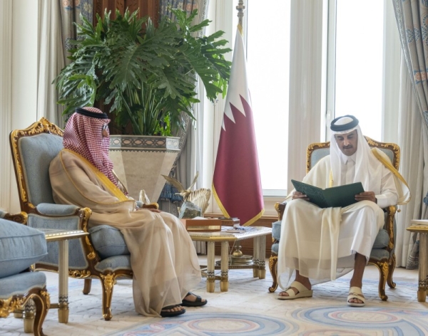 Qatar’s Emir Sheikh Tamim bin Hamad Al Thani receives the Saudi ambassador.