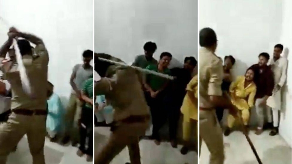 Screenshot from the viral video which shows the men being beaten. The BBC has identified some of the men from the video and spoken to their families.