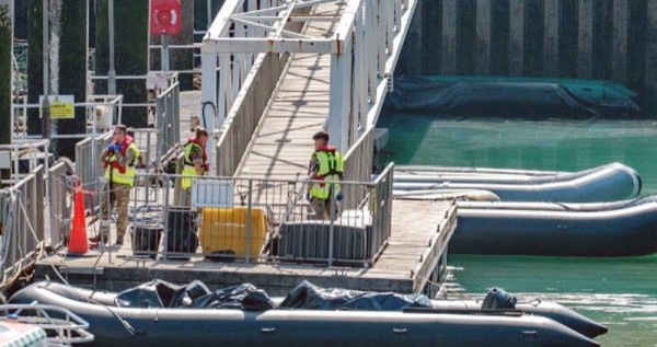 Border Force escorted migrants back to Dover this morning after they were picked up in the English Channel