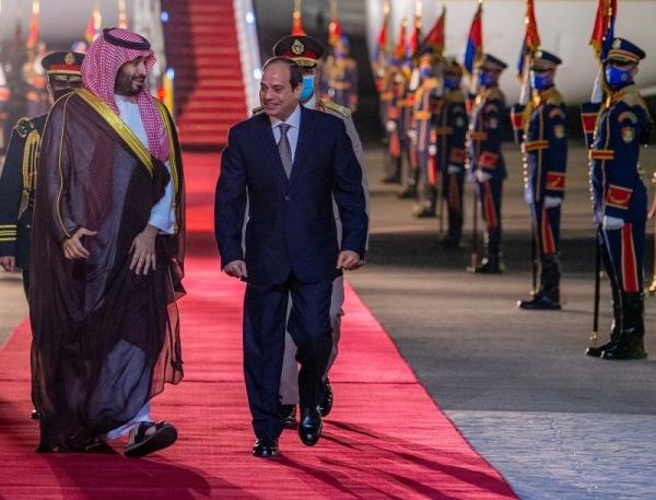 Crown Prince Mohammed Bin Salman and Egypt's President Abdel Fattah El Sisi upon his arrival in Cairo on Monday during his regional tour.