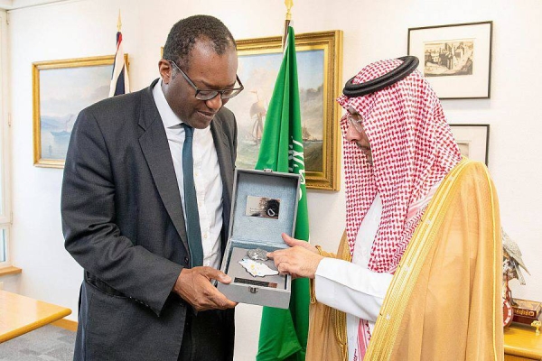 Minister of Industry and Mineral Resources Bandar Ibrahim Alkhorayef meets with the Secretary of State for Business, Energy and Industrial Strategy Kwasi Kwarteng in London on Wednesday.