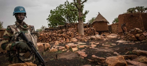 A UN peacekeeper patrols a village in Bandiagara in Mopti, Mali.