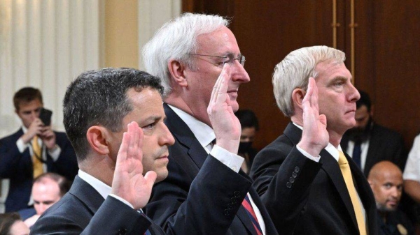 Richard Engel, Jeffrey Rosen and Richard Donoghue are sworn in Thursday before the 6 January committee.
