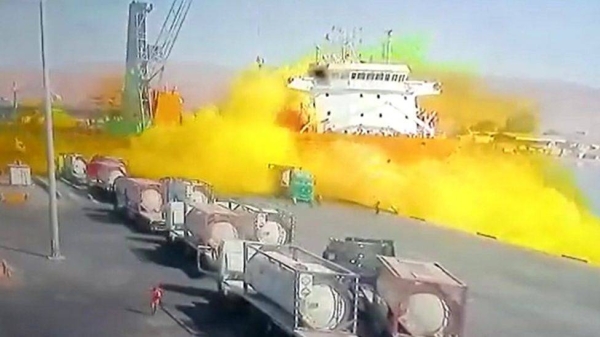 This image captured from a video broadcast by Jordan's AlMamlaka TV showed the dock engulfed in a cloud of yellow gas.