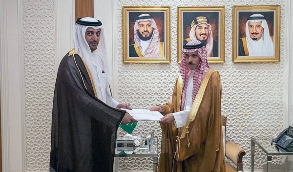 Minister of Foreign Affairs Prince Faisal Bin Farhan receives the written message to King Salman from Qatar Emir here Wednesday from Qatar Ambassador Bandar Bin Mohammad Al-Attiyah.