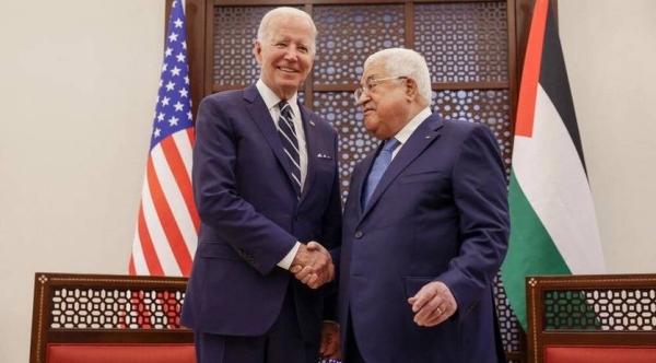 President Joe Biden shakes the hand of Palestinian President Mahmoud Abbas in the presidential complex in Bethlehem in the Israeli-occupied West Bank on July 15, 2022.