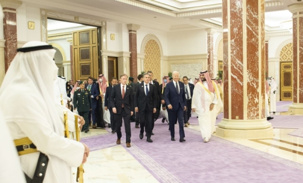 Crown Prince Mohammed Bin Salman receives US president Joe Biden at Al-Salam Palace in Jeddah 