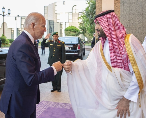 Crown Prince Mohammed Bin Salman receives US president Joe Biden at Al-Salam Palace in Jeddah 