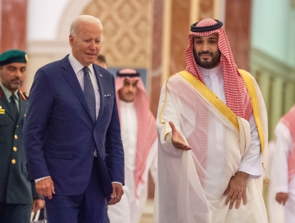 Crown Prince Mohammed Bin Salman receives US president Joe Biden at Al-Salam Palace in Jeddah 
