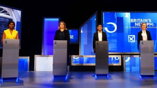 Kemi Badenoch, Penny Mordaunt, Rishi Sunak, and Liz Truss on stage during the Channel 4 Tory leadership debate.