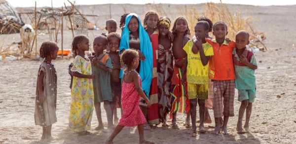 Children displaced by conflict and drought pose for a photo n Semera, Afar Region, Ethiopia.